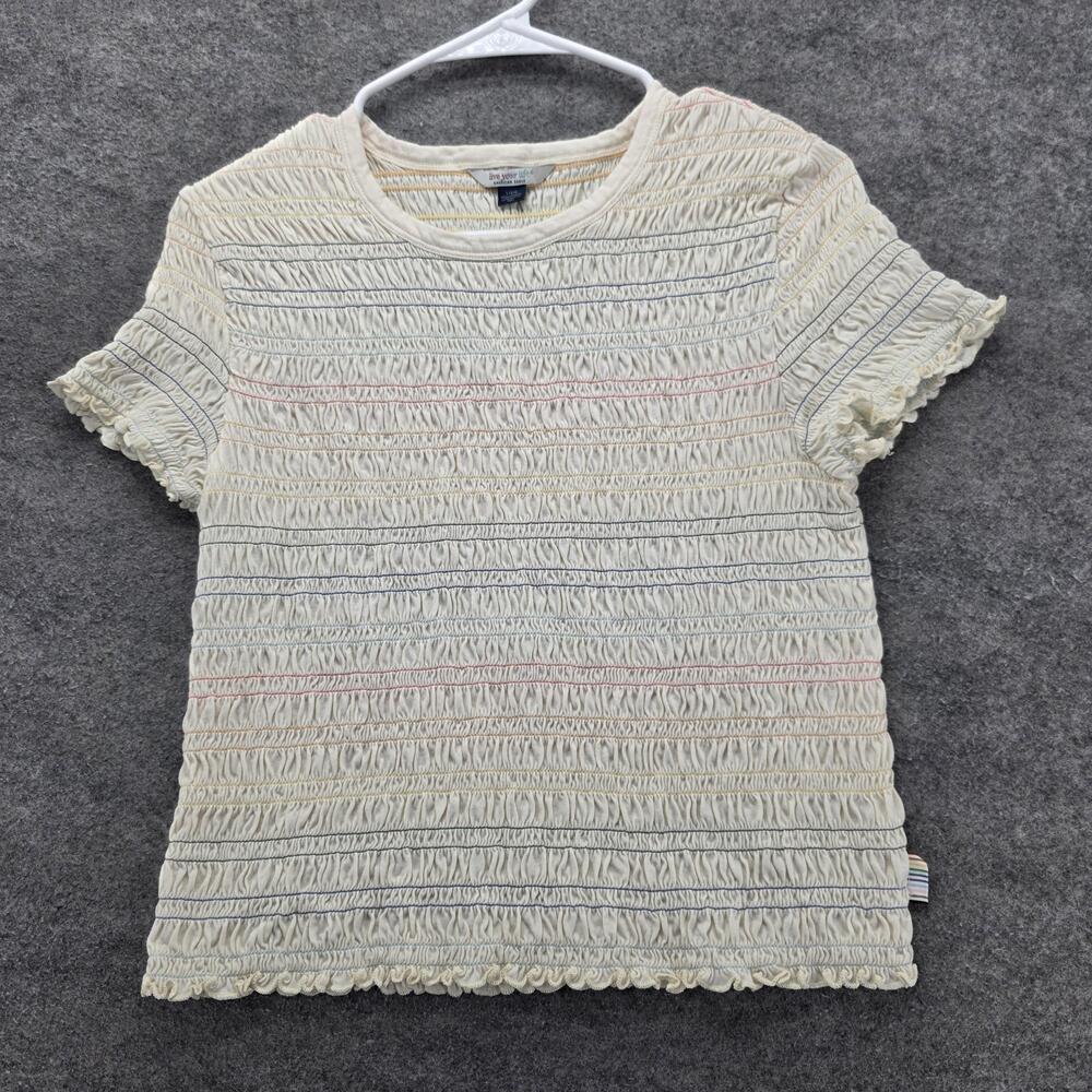 American Eagle Shirt Womens Large Ivory Smocked Ruched Lettuce Edge Ruffle Tee